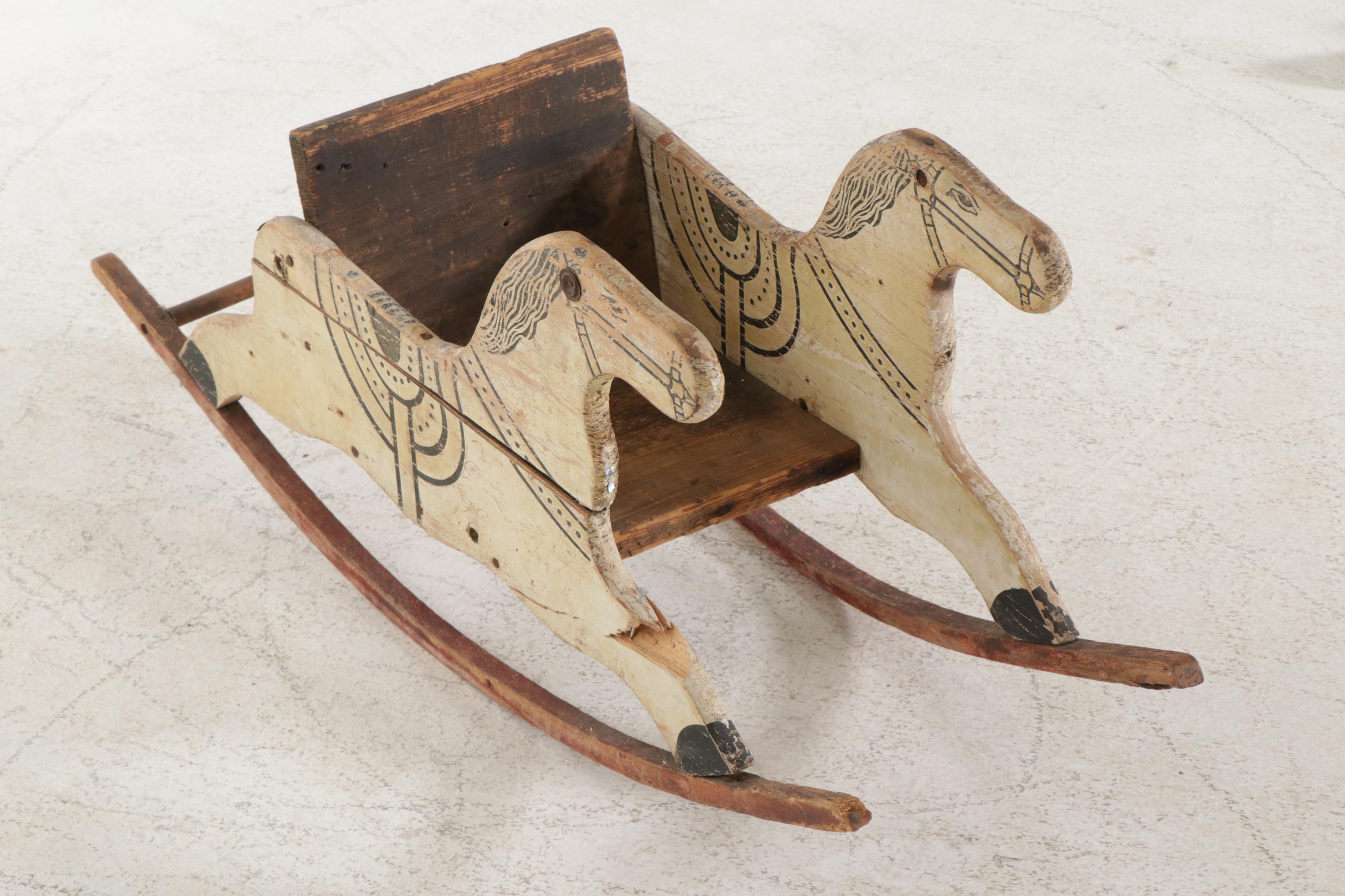 American Primitive Painted Wooden Doll's Rocking Horse Chair, Raggedy Ann Doll