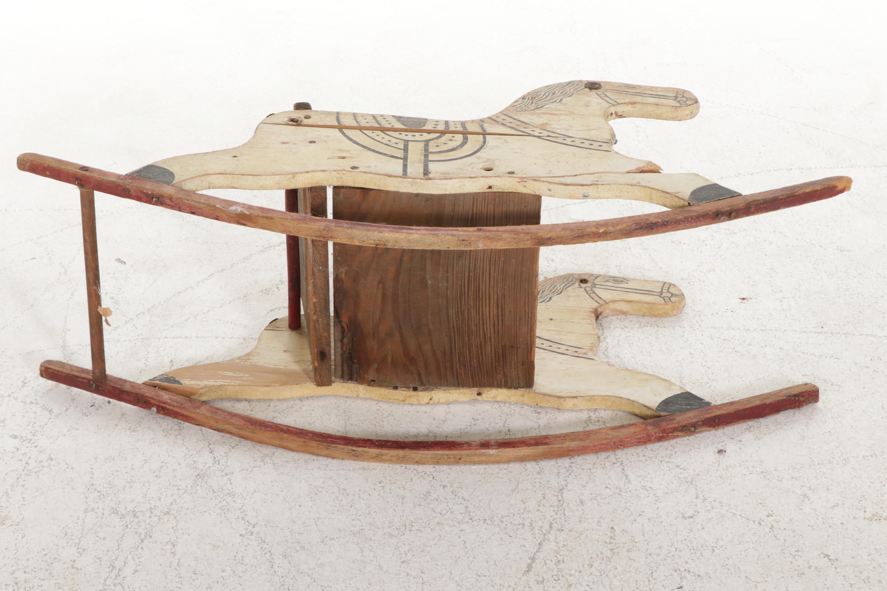 American Primitive Painted Wooden Doll's Rocking Horse Chair, Raggedy Ann Doll