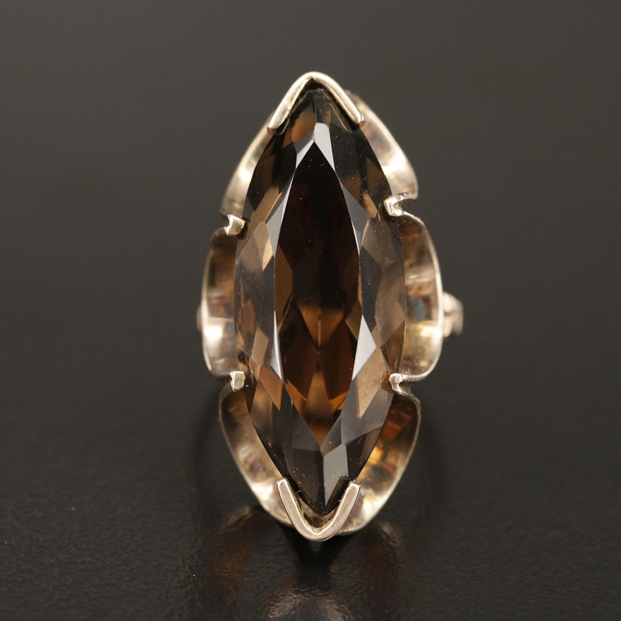 1950s 10K 17.04 CT Smoky Quartz Navette Ring