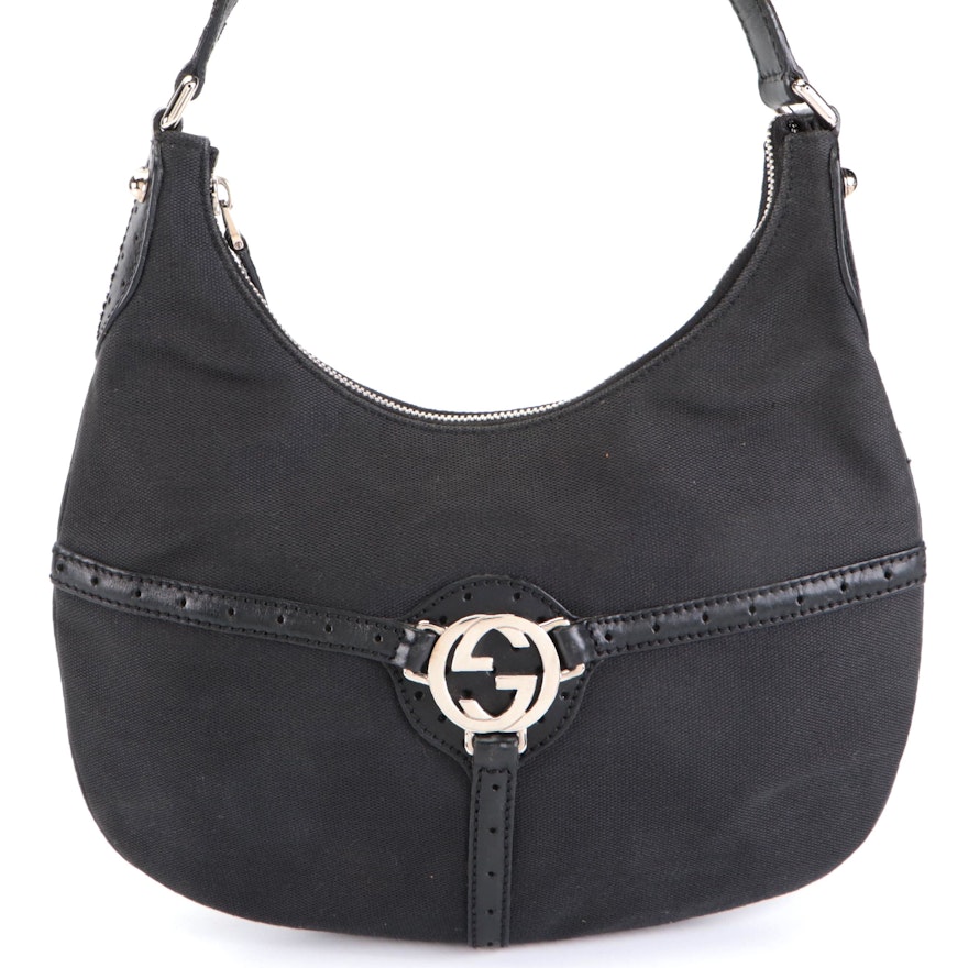 Gucci Reins Hobo Shoulder Bag in Black Canvas and Perforated Black Leather