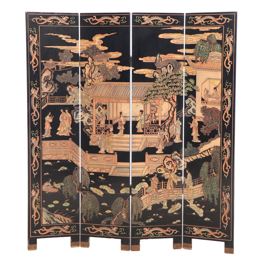 Chinese Lacquered and Paint-Decorated Coromandel Four-Panel Screen