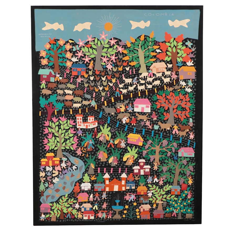 Artesanias Bochica Gallery Colombian Folk Art Fabric Appliqué Village Scene