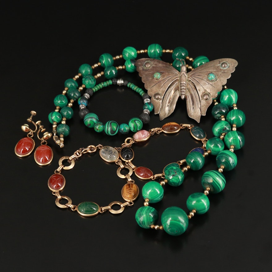 Vintage Scarab Jewelry Featured in Collection with Sterling and Malachite