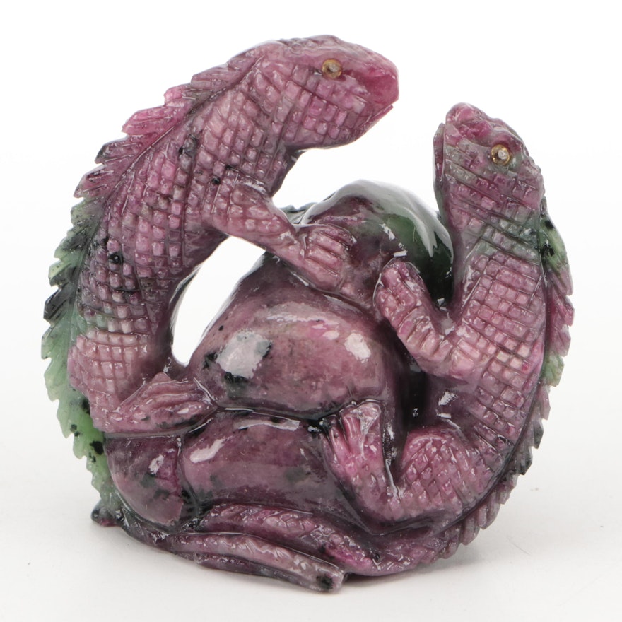 Hand-Carved Ruby in Zoisite Lizards with Orange Sapphire Eyes