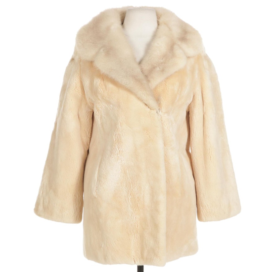 Oyster Sheared Beaver and Mink Fur Stroller Coat with Wide Notch Collar