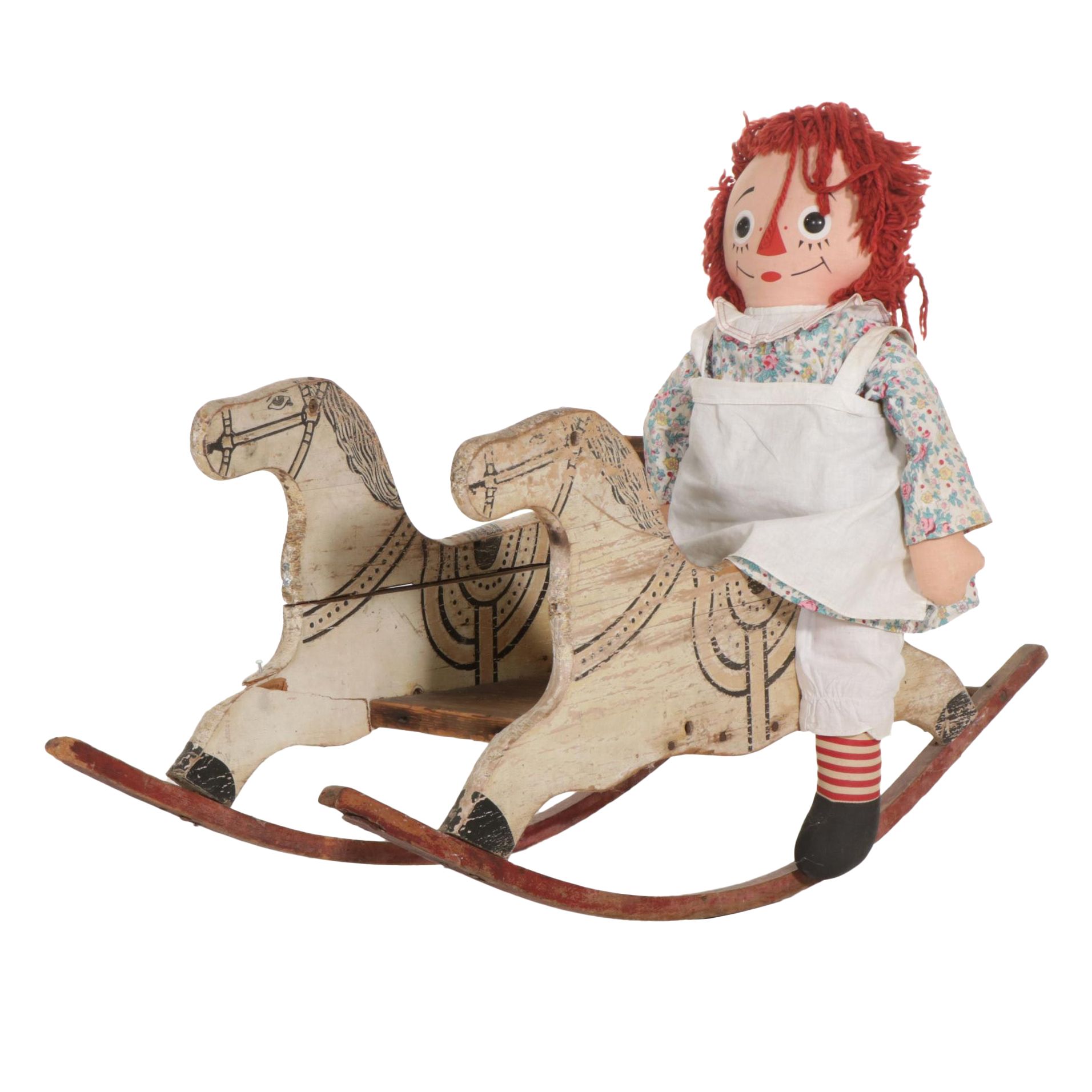 American Primitive Painted Wooden Doll's Rocking Horse Chair, Raggedy Ann Doll