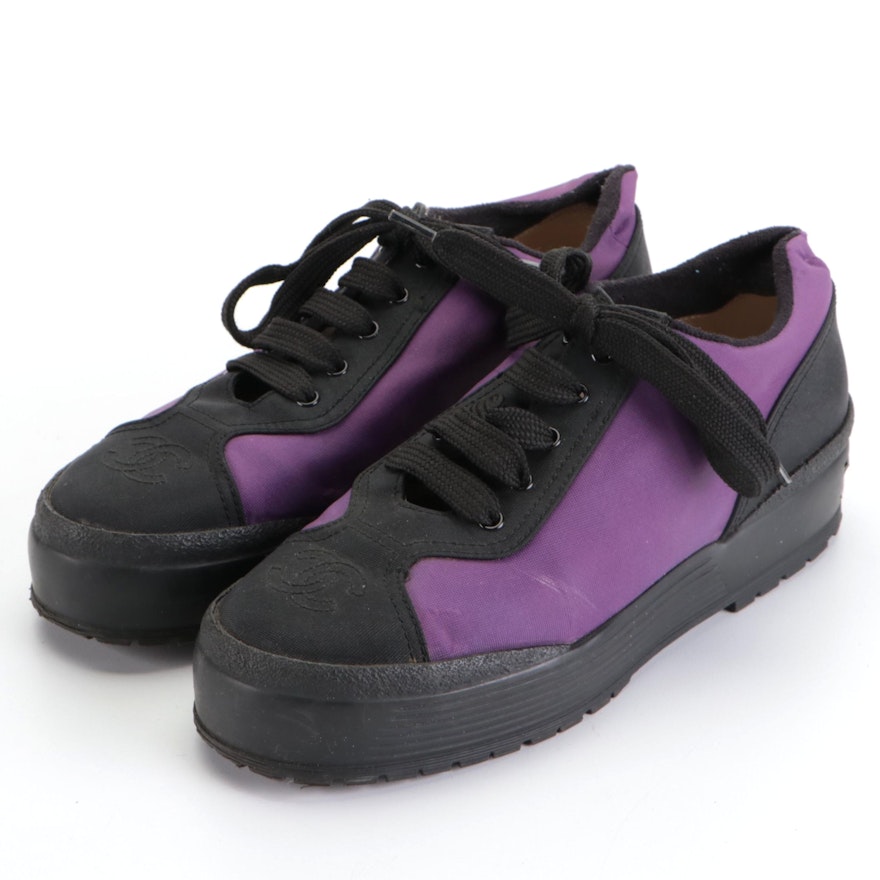 Chanel Lace-Up Sneakers in Purple/Black Nylon Canvas