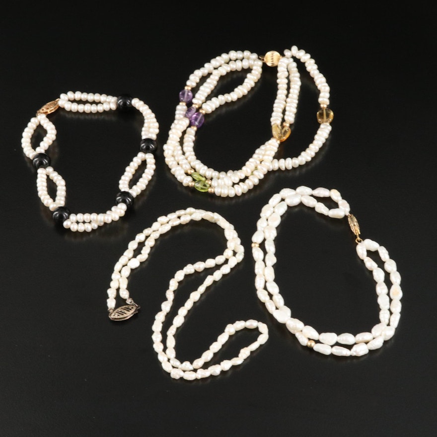 Pearl Bracelets and Necklace Including 14K, Sterling, Black Onyx and Citrine