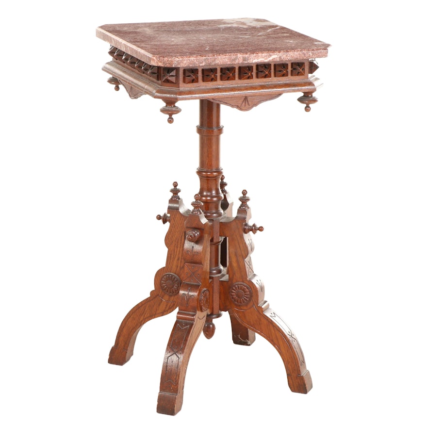 American Aesthetic Movement Oak and Pink Marble Side Table, Late 19th Century