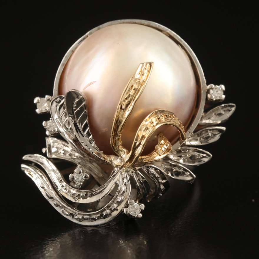 Vintage 14K Mabé Pearl and Diamond Ring