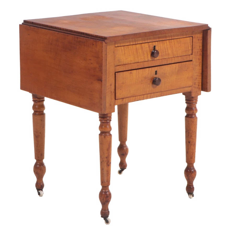 American Primitive Tiger Maple Two-Drawer Drop-Leaf Side Table, 19th Century