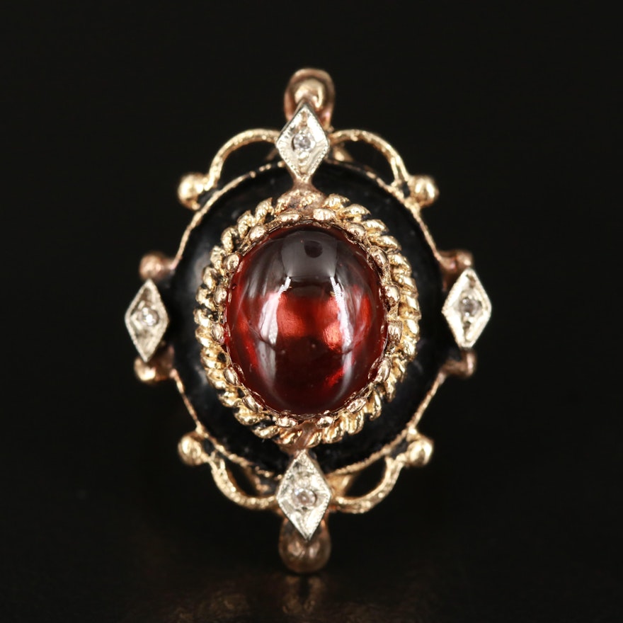 Vintage 14K Garnet, Diamond and Enamel Ring