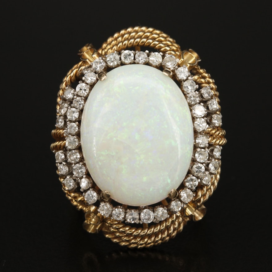 Vintage 14K Opal and 1.21 CTW Diamond Wirework Ring with Festoon Detailing