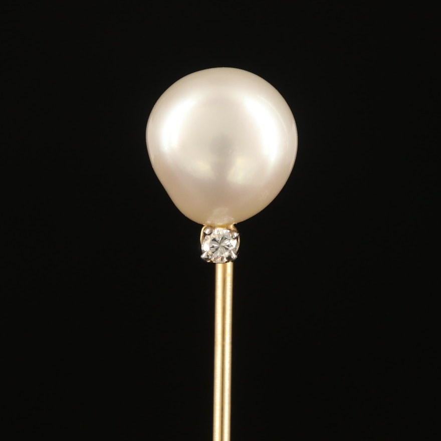 14K Pearl and Diamond Stick Pin