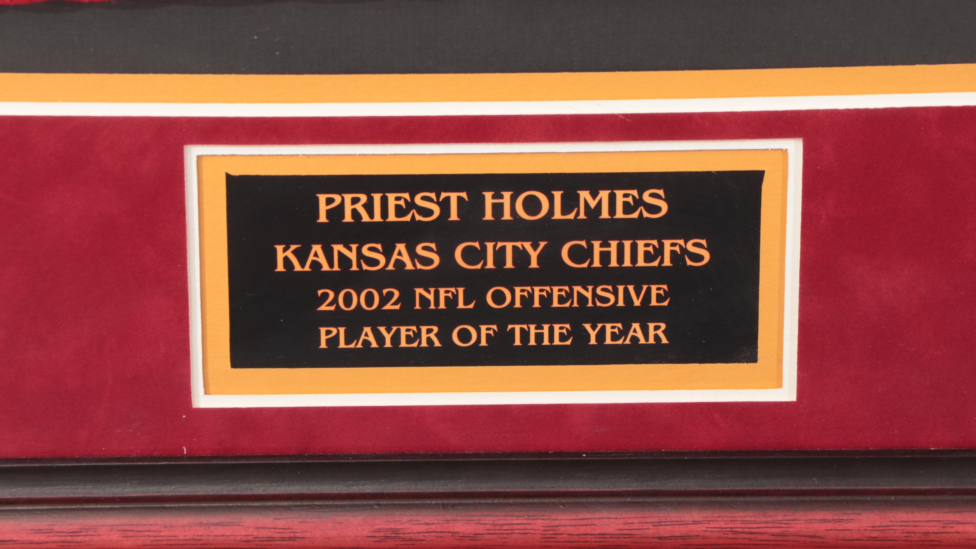 Priest Holmes Signed Kansas City Chiefs Football Jersey with Cards, Framed