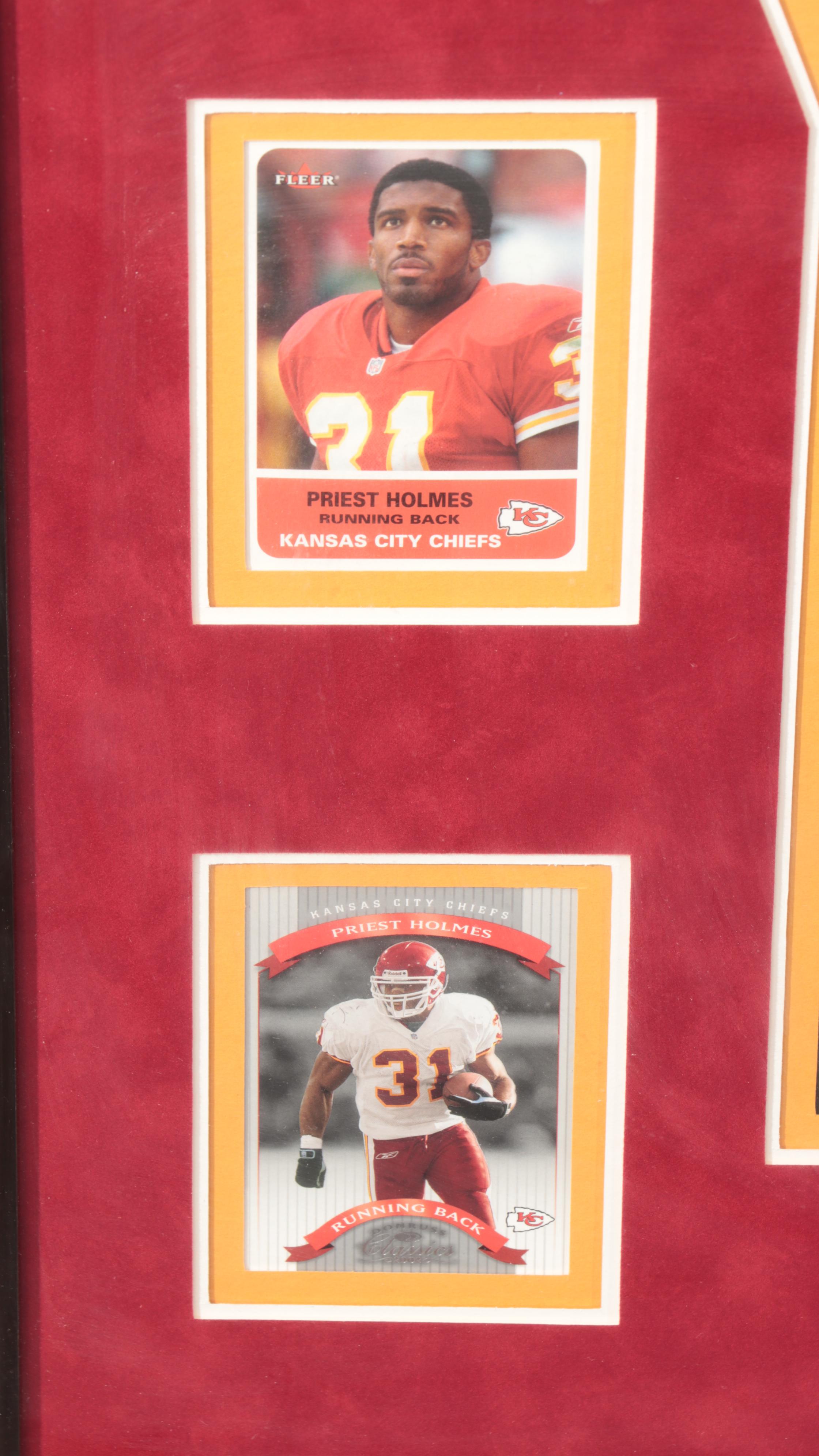 Priest Holmes Signed Kansas City Chiefs Football Jersey with Cards, Framed