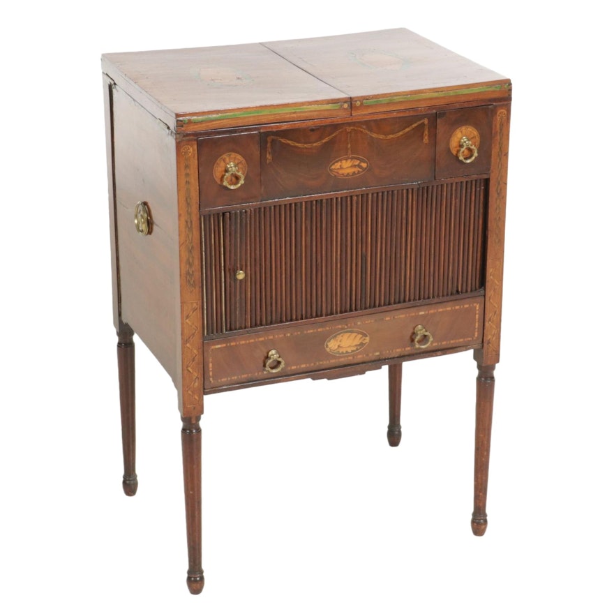 George III Mahogany and Marquetry Inlaid Tambour Enclosed Washstand, circa 1800