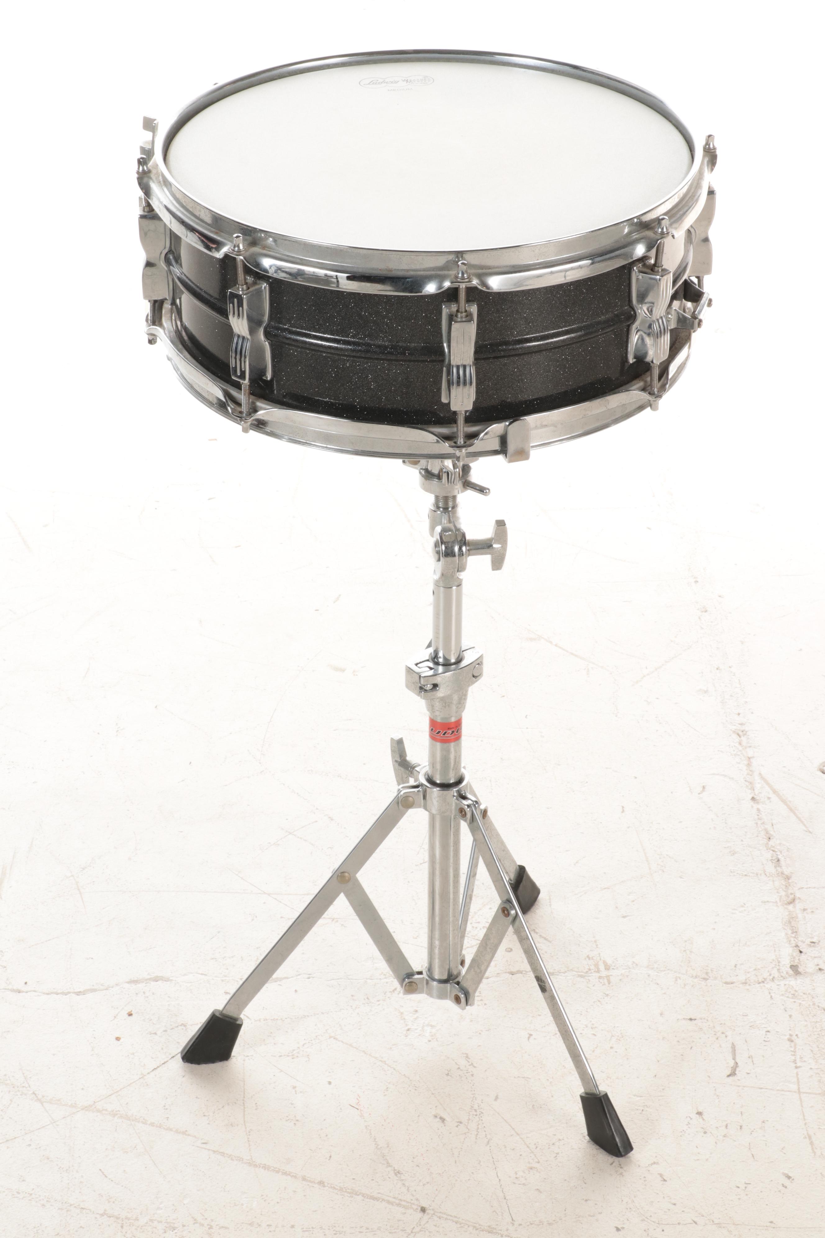 Ludwig Acrolite Snare Drum with Black and White Badge, Sticks, Stand, Case