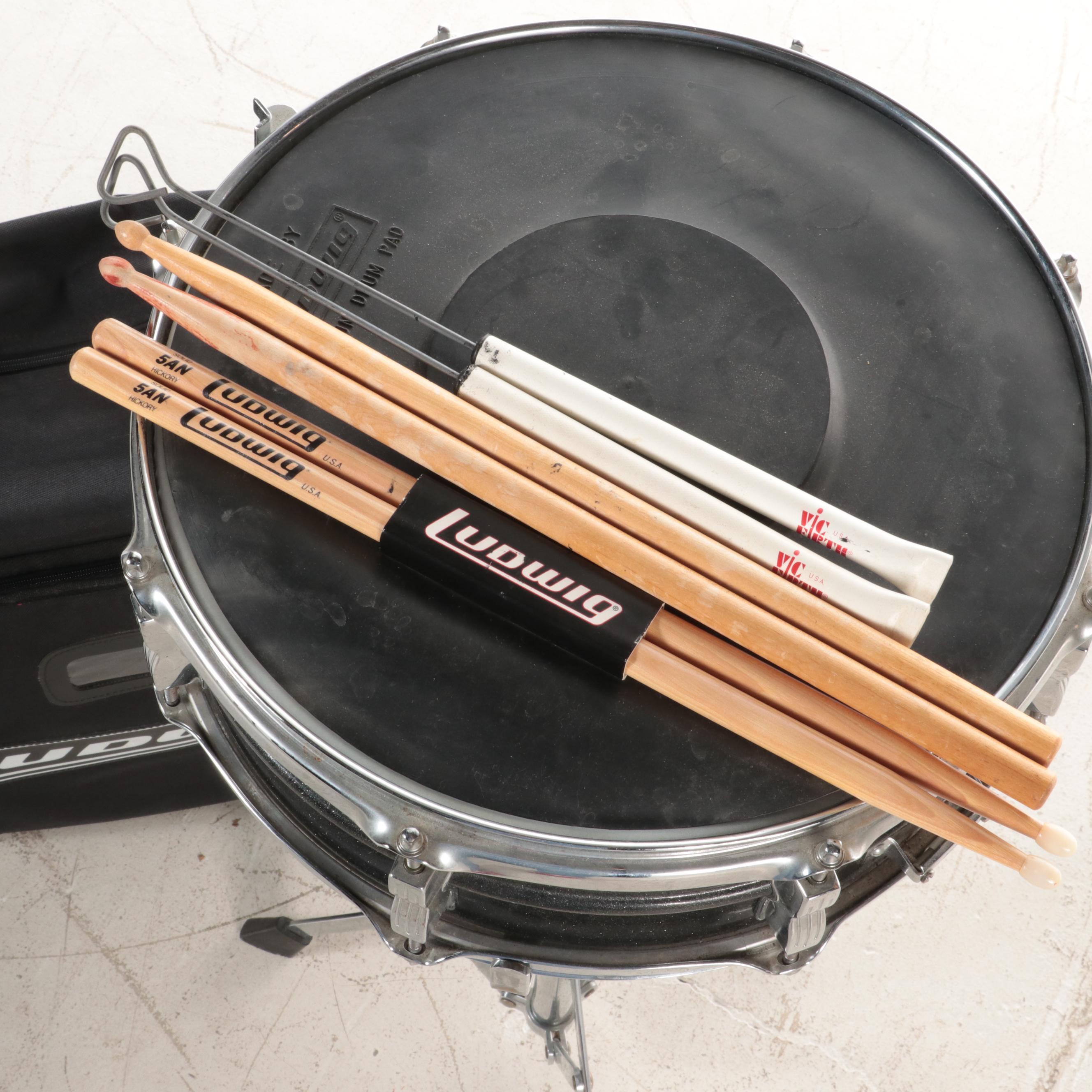 Ludwig Acrolite Snare Drum with Black and White Badge, Sticks, Stand, Case