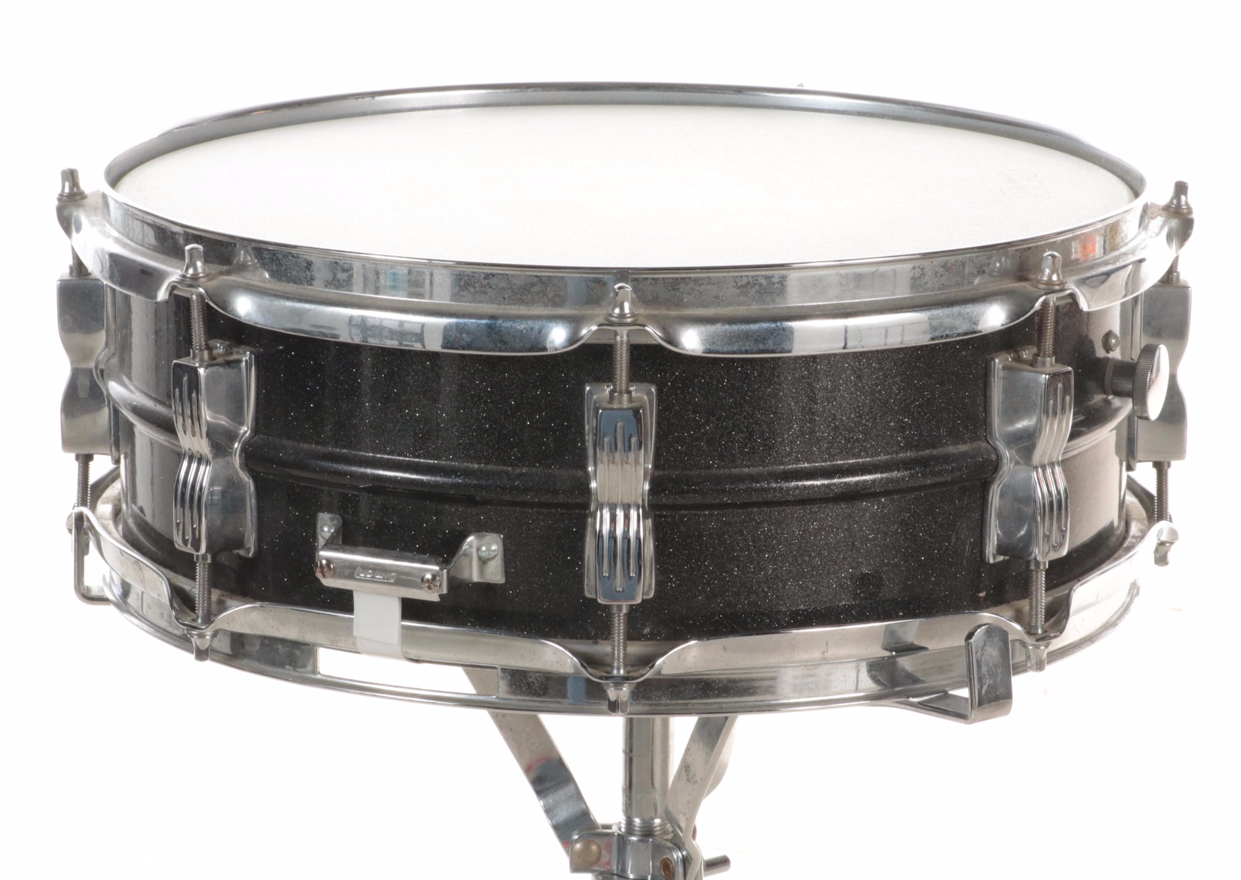 Ludwig Acrolite Snare Drum with Black and White Badge, Sticks, Stand, Case
