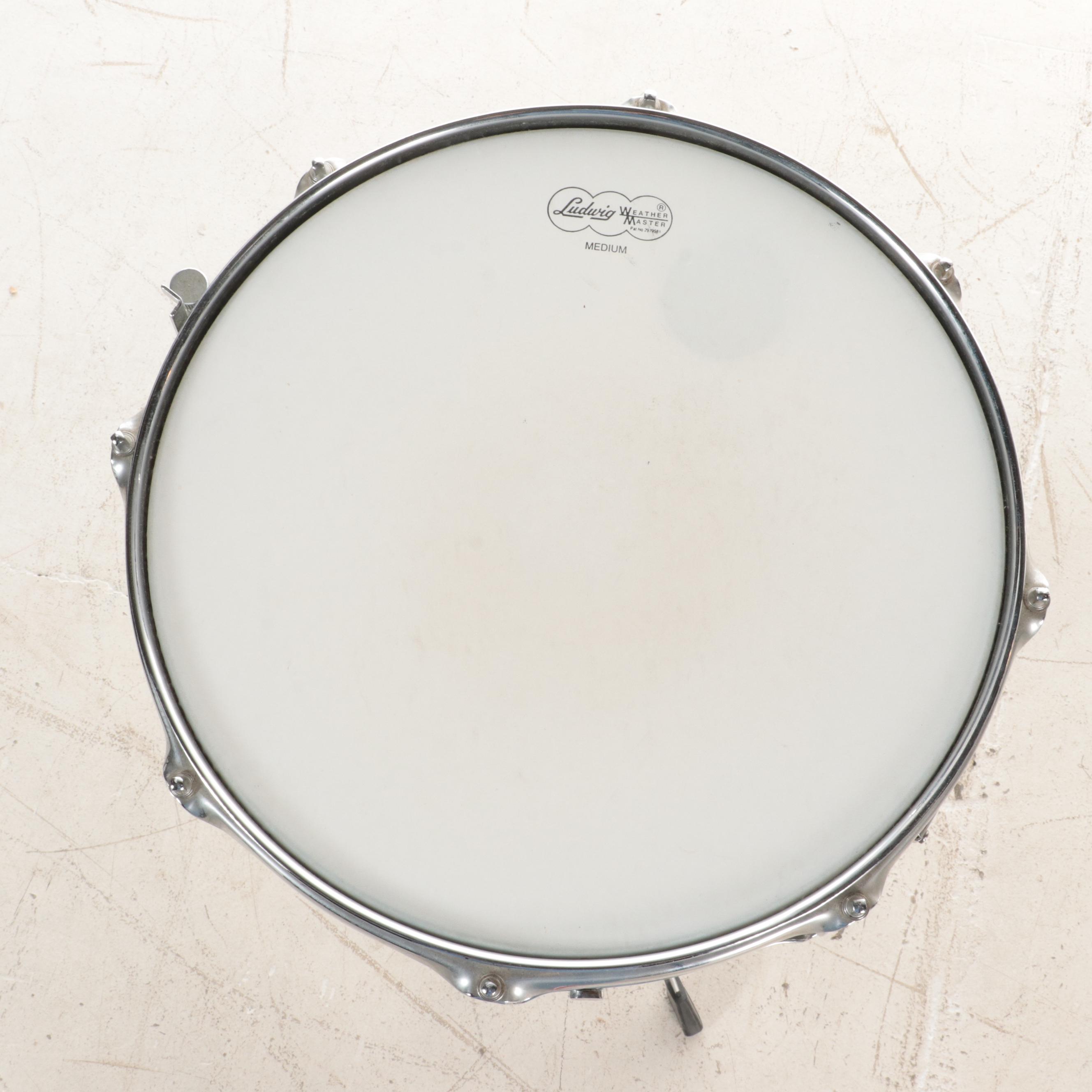 Ludwig Acrolite Snare Drum with Black and White Badge, Sticks, Stand, Case