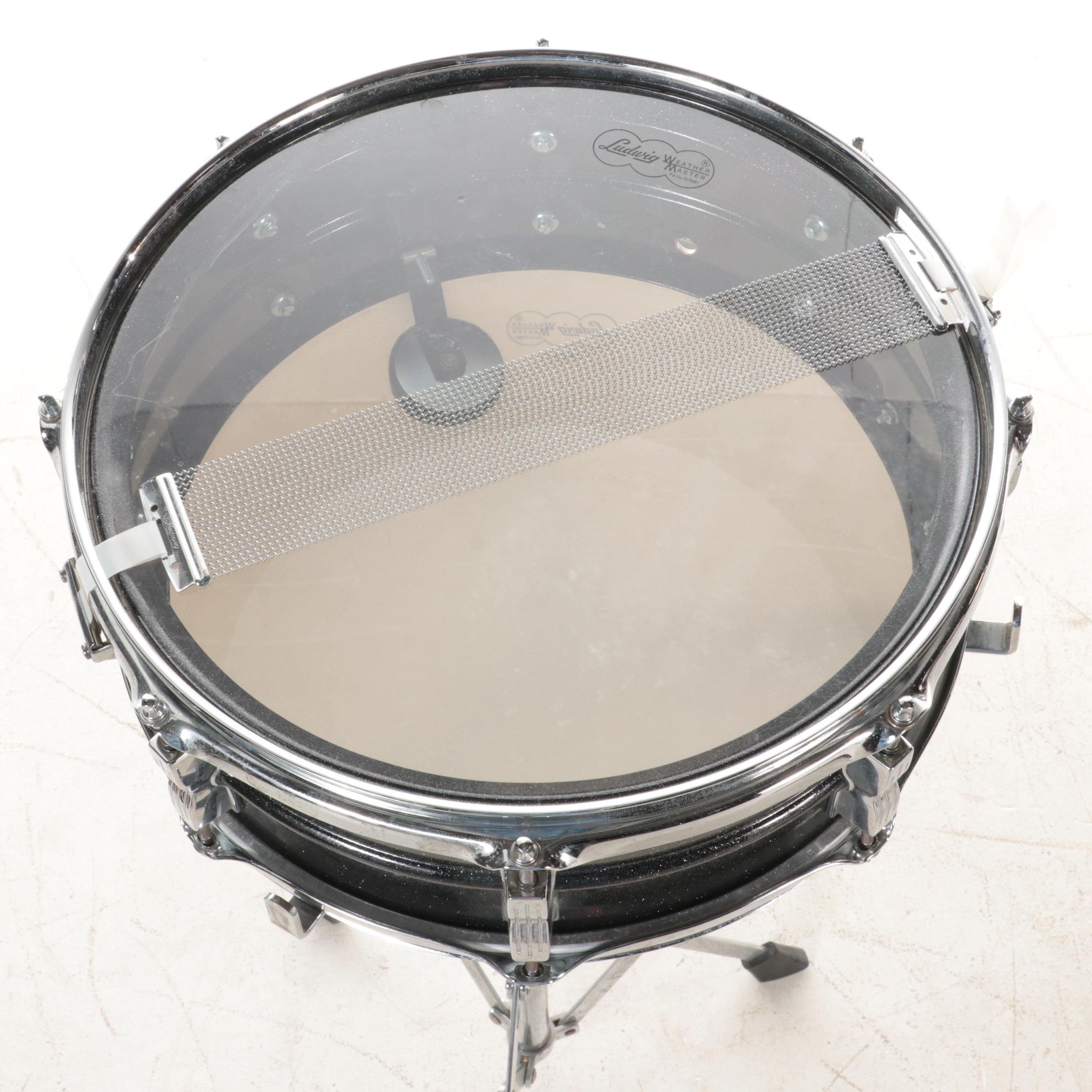 Ludwig Acrolite Snare Drum with Black and White Badge, Sticks, Stand, Case
