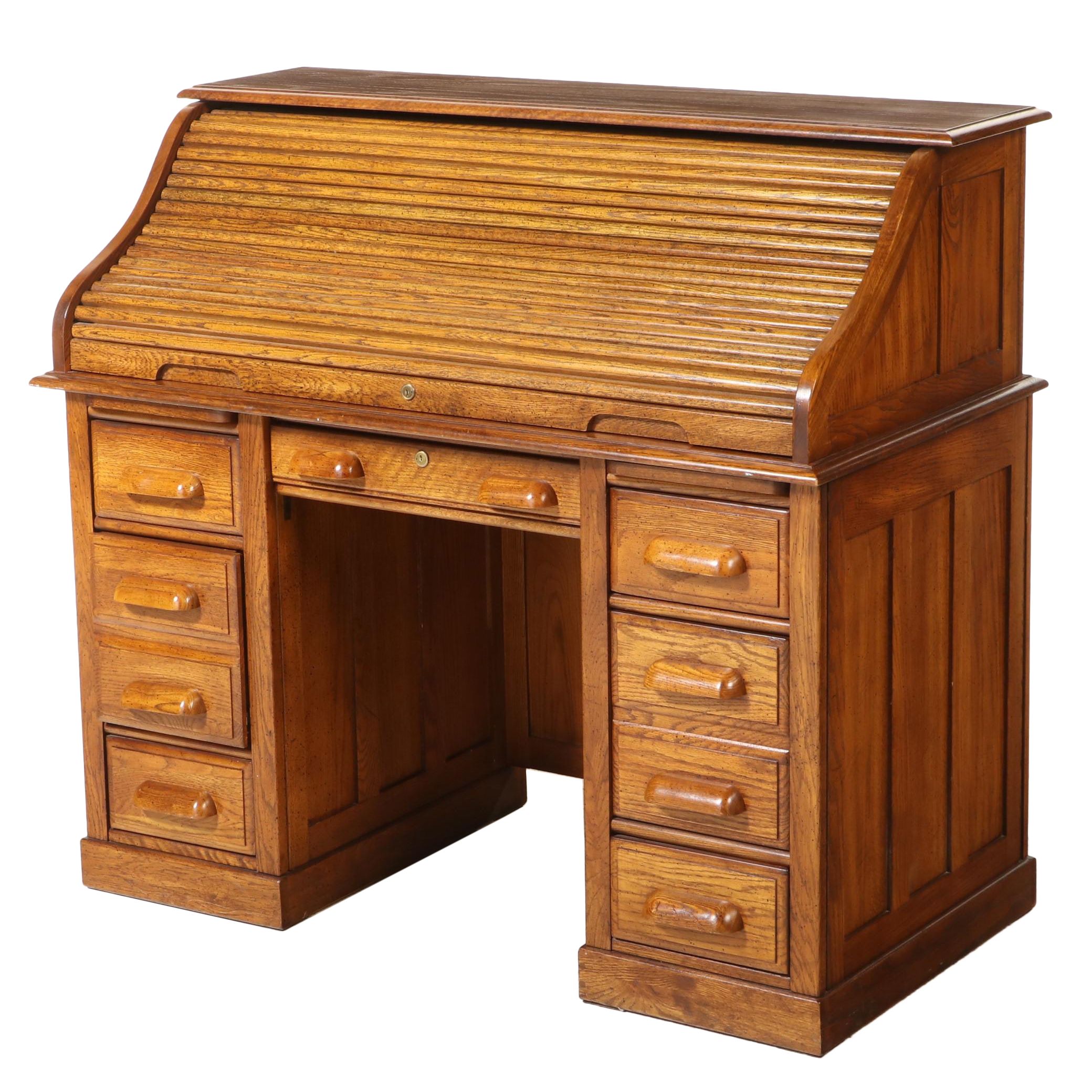 National Mt. Airy Oak Roll-Top Desk, Late 20th Century