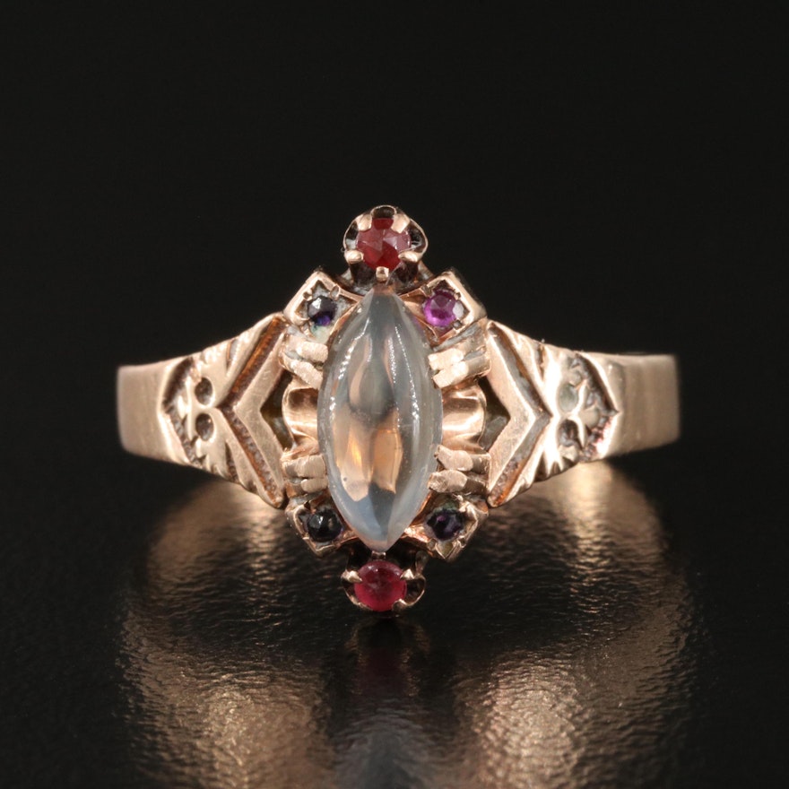 10K Moonstone, Glass Garnet Doublet and Ruby Ring