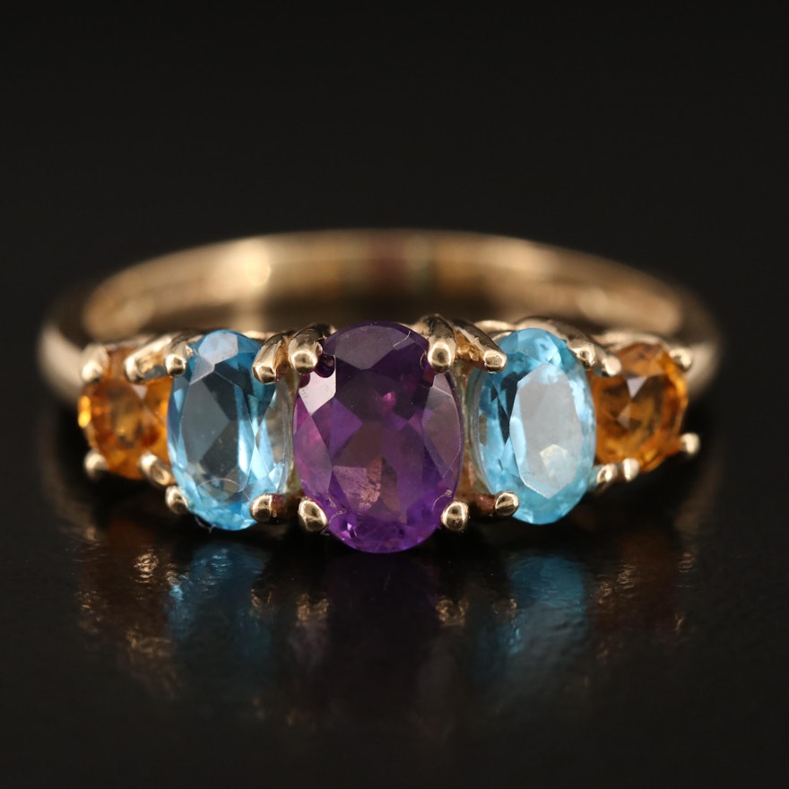 10K Amethyst, Swiss Blue Topaz and Citrine Five Stone Ring