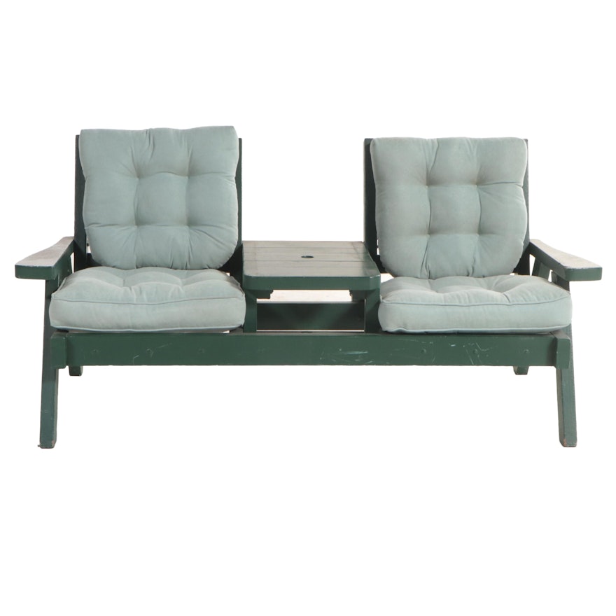 Green-Painted Patio Double-Chairback Settee with Integrated Side Table