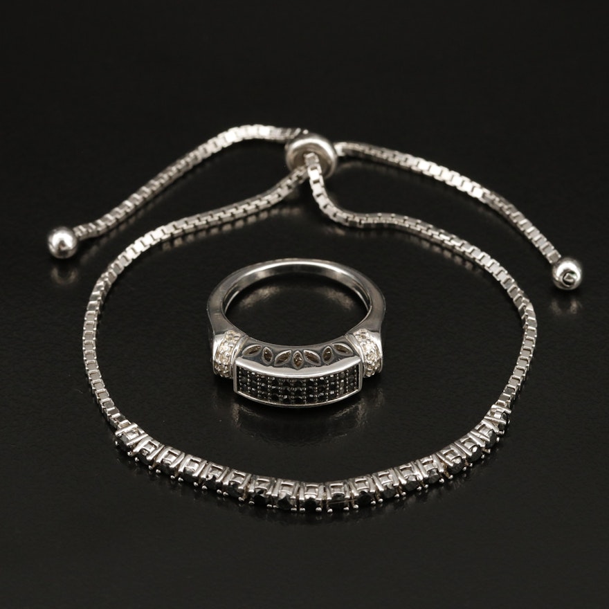 Sterling Diamond Bolo Bracelet and Ring