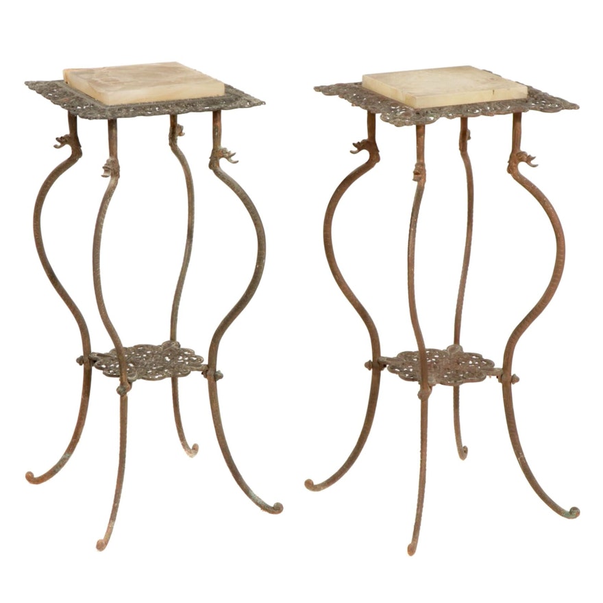 Pair of Victorian Pierced Metal Plant Stands with Stone Tops, Early 20th Century