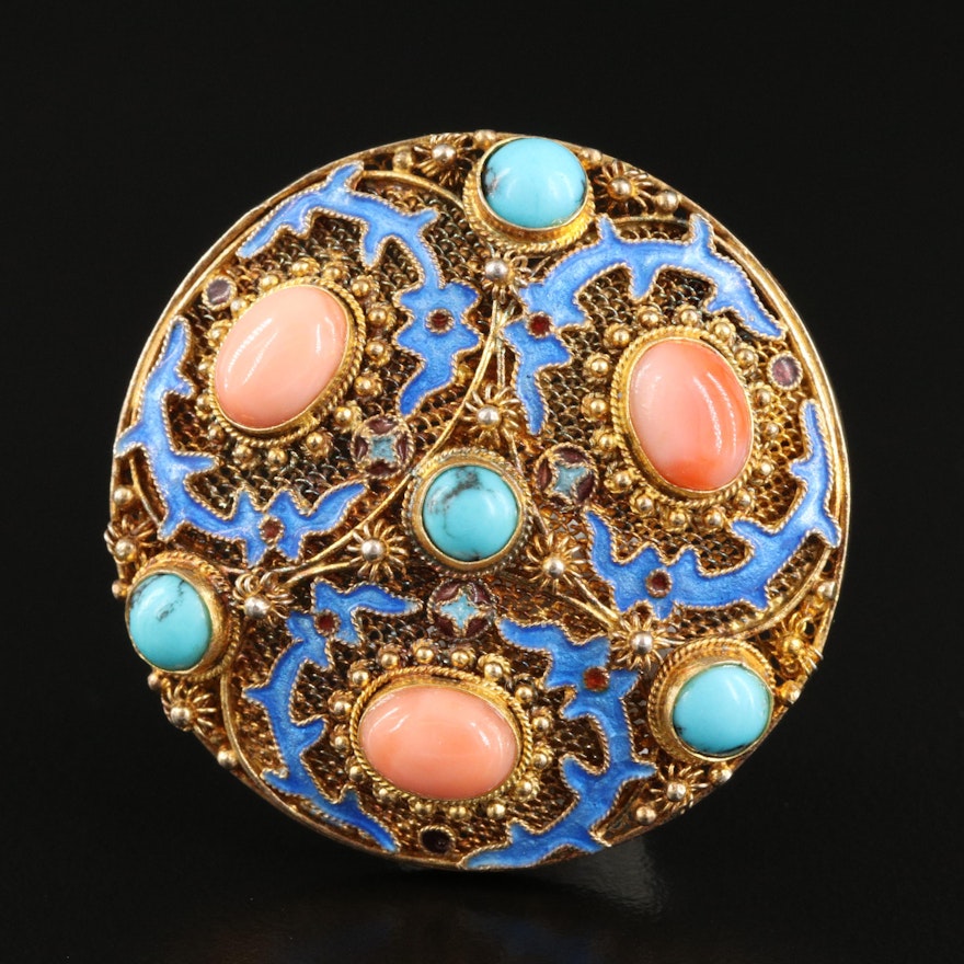 Chinese Sterling Turquoise, Coral and Enamel Cannetille Brooch