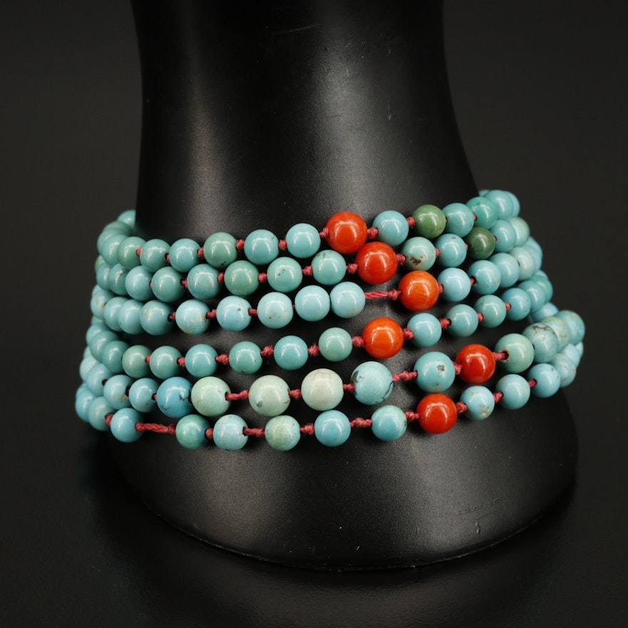 Turquoise and Coral Multi-Strand Bracelet with Sterling Clasp