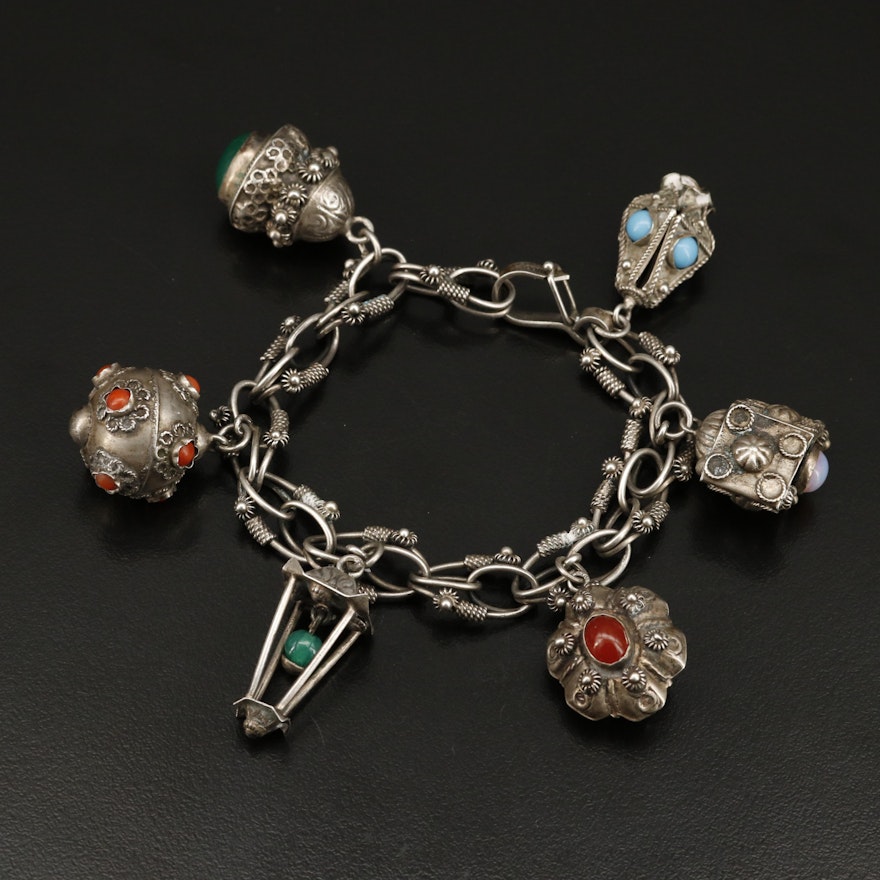 Vintage 800 Silver Glass and Coral Cannetille Charm Bracelet