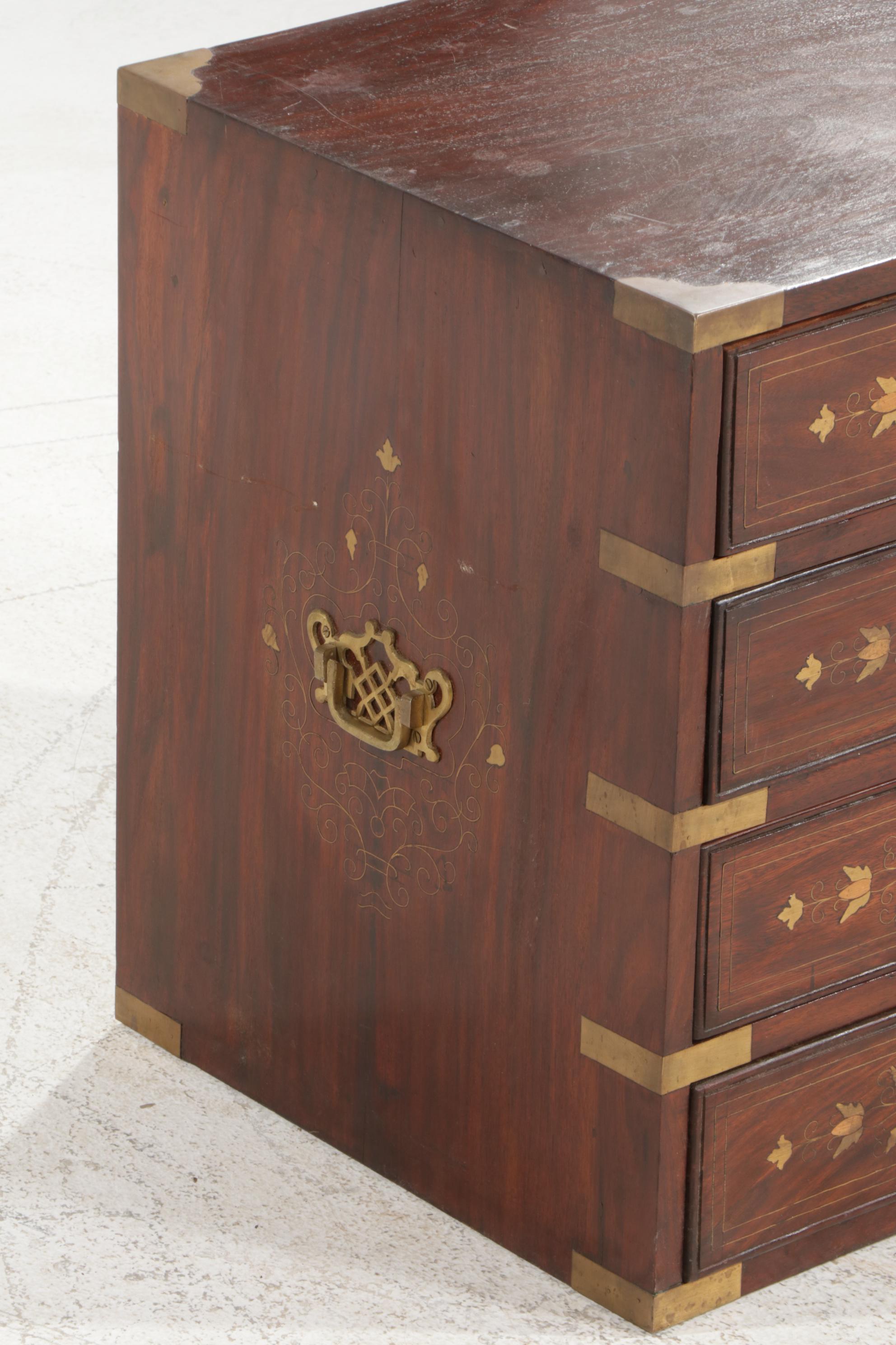 Indian Rosewood Brass Inlay Campaign Style Chest of Drawers, Late 20th Century