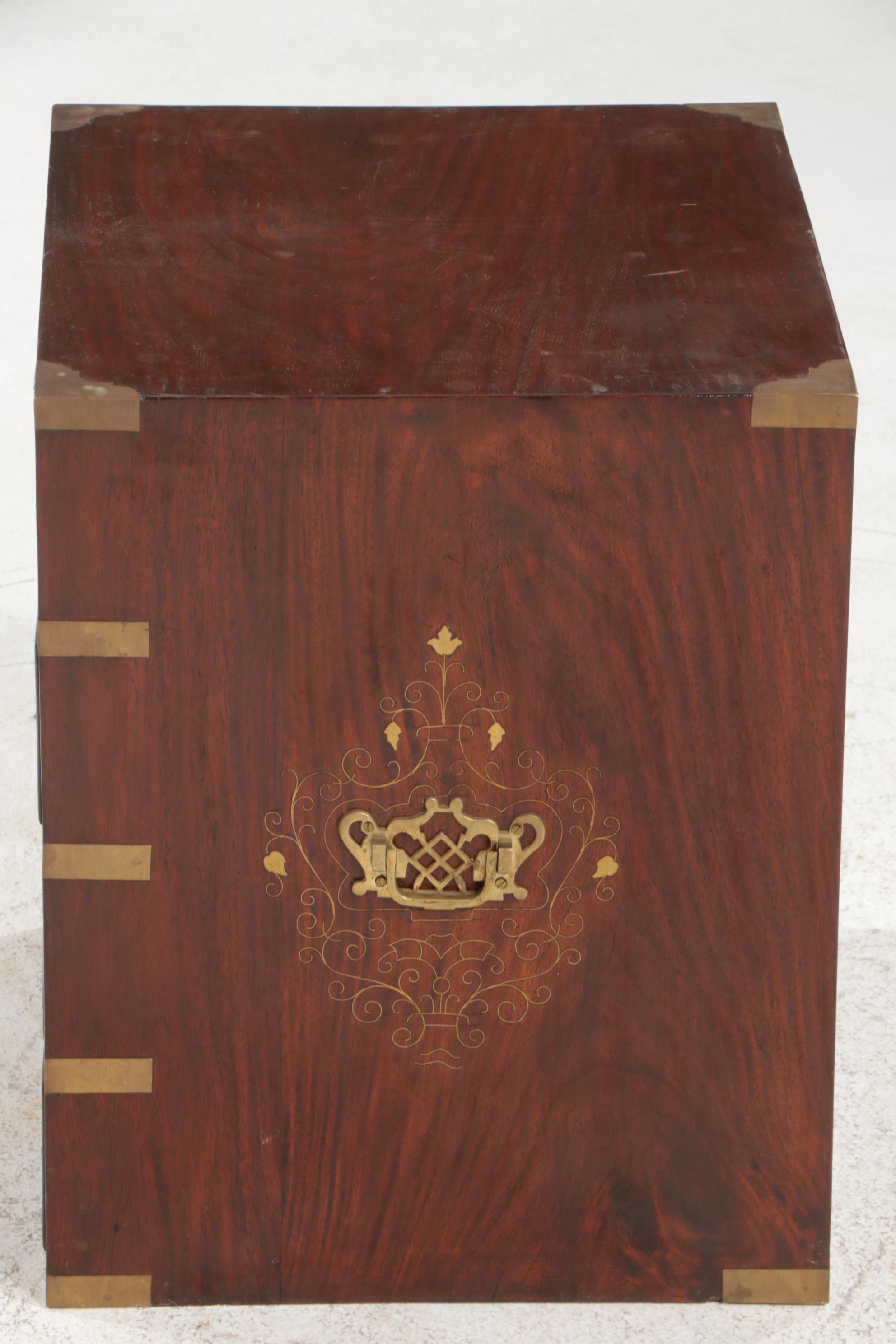 Indian Rosewood Brass Inlay Campaign Style Chest of Drawers, Late 20th Century