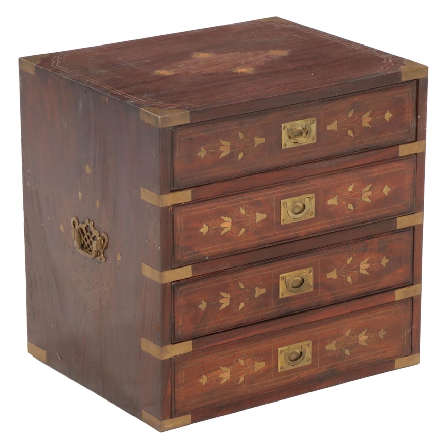 Indian Rosewood Brass Inlay Campaign Style Chest of Drawers, Late 20th Century