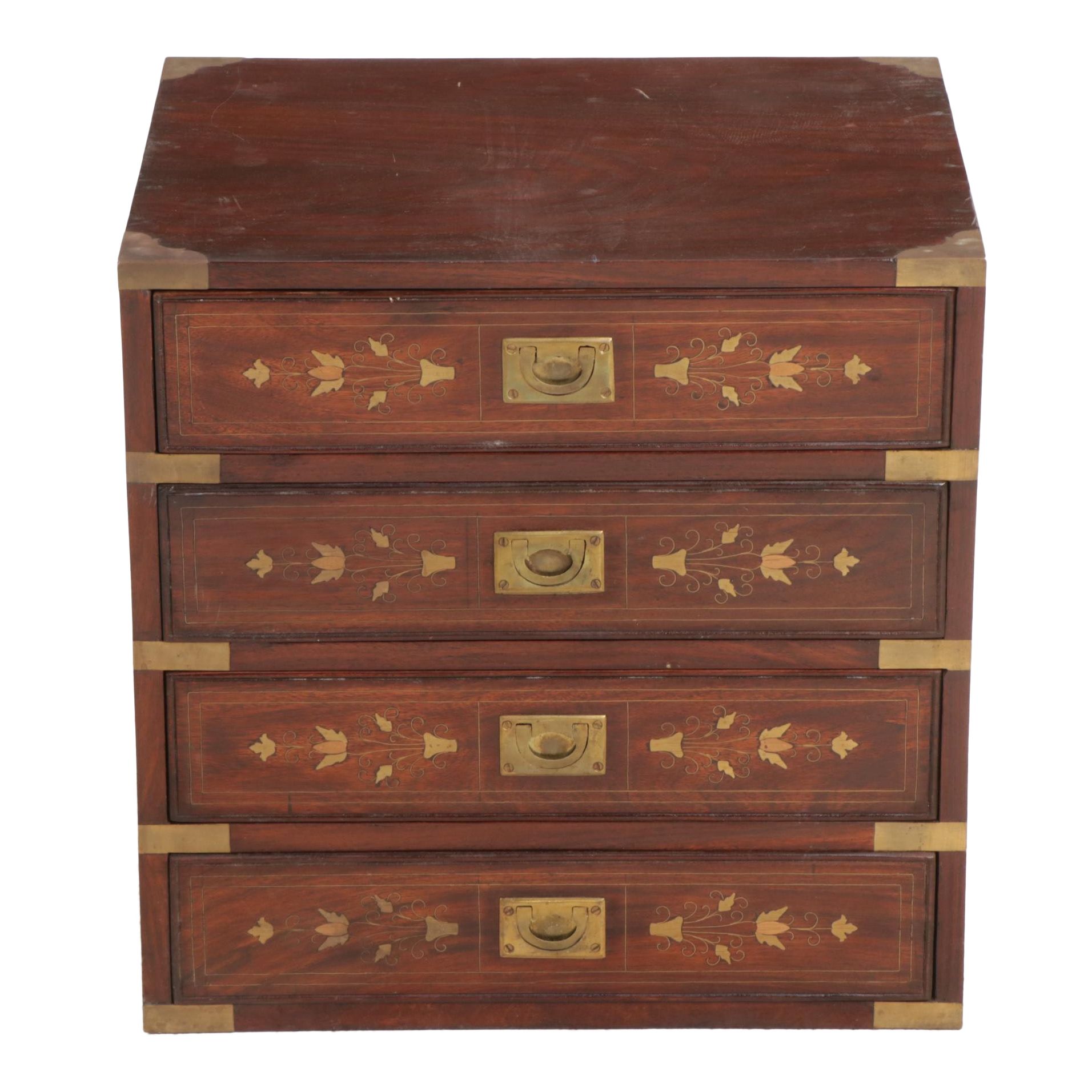 Indian Rosewood Brass Inlay Campaign Style Chest of Drawers, Late 20th Century