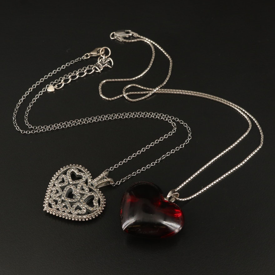 Sterling Crystal and Marcasite Baccarat Heart Necklaces