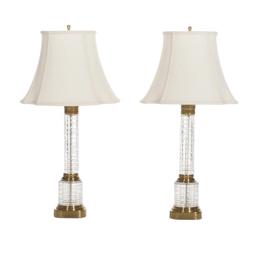 Pair of Paul Hanson Cut Crystal and Brass Table Lamps