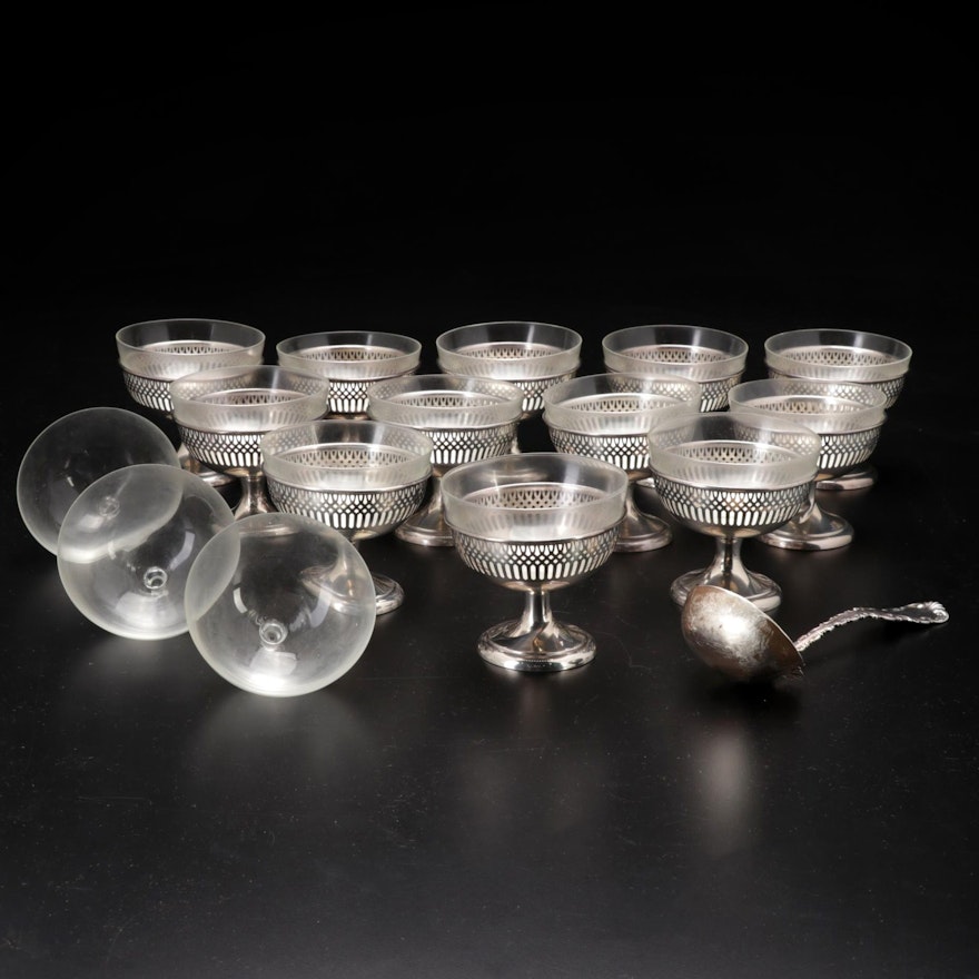Sterling Silver  Sherbet Dishes with Glass Inserts and Whiting "Louis XV" Ladle