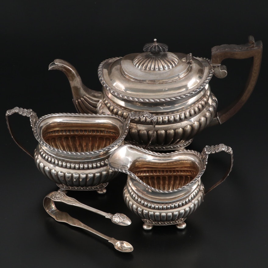 George Nathan & Ridley Hayes Sterling Silver Teapot, Creamer, Sugar with Tongs