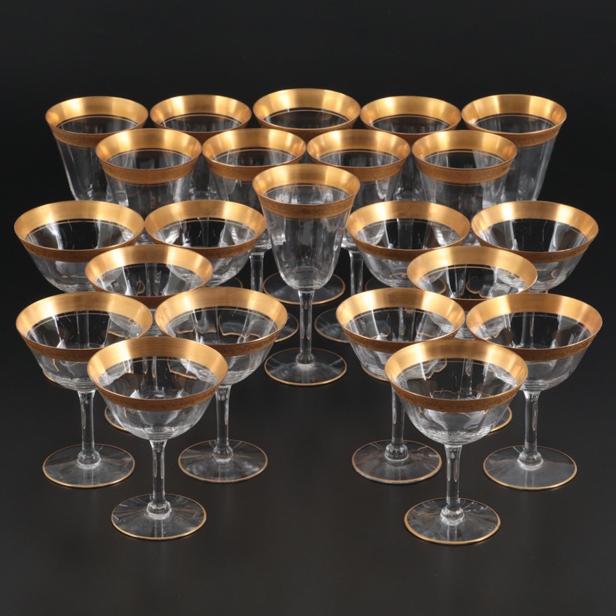 Gold Trimmed Wine Glasses and Champagne Coupes