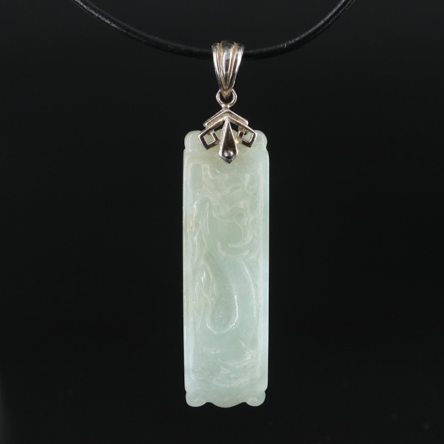 Carved Jadeite Dragon Pendant Sterling and Cord Necklace