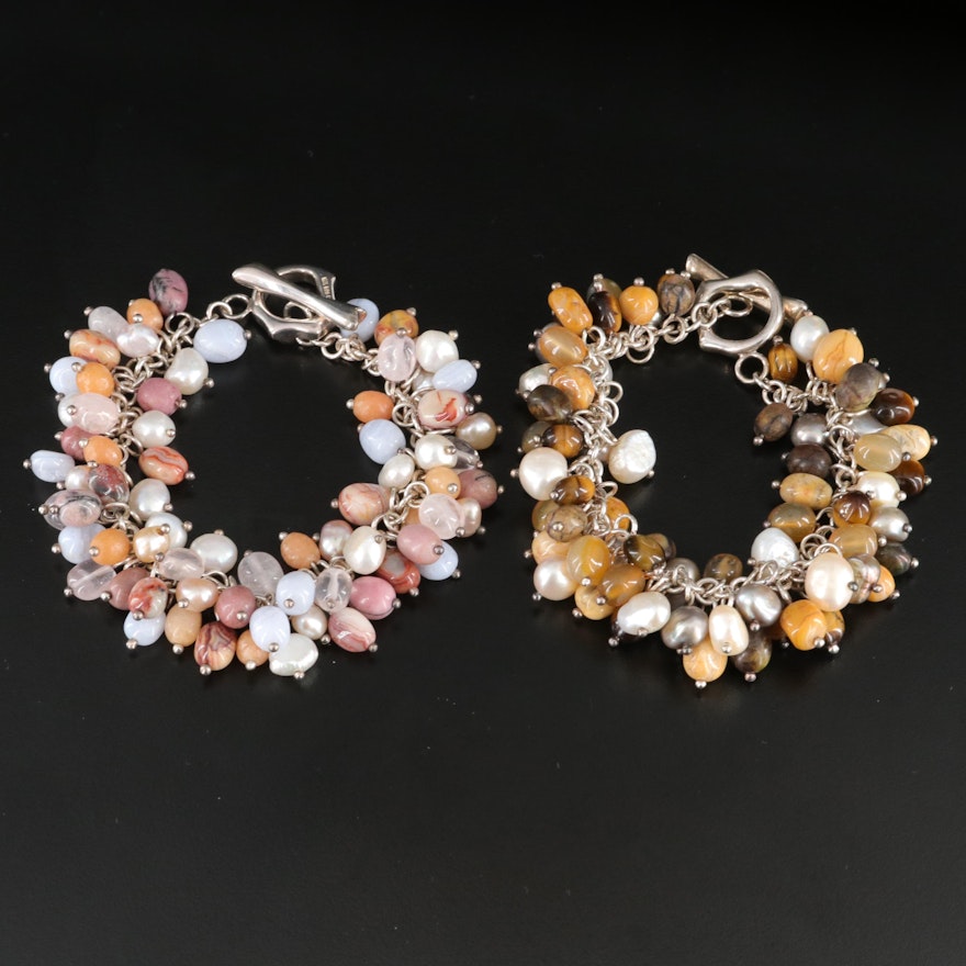 Sterling Lace Agate, Rhodonite and Tiger's Eye Fringe Bracelets