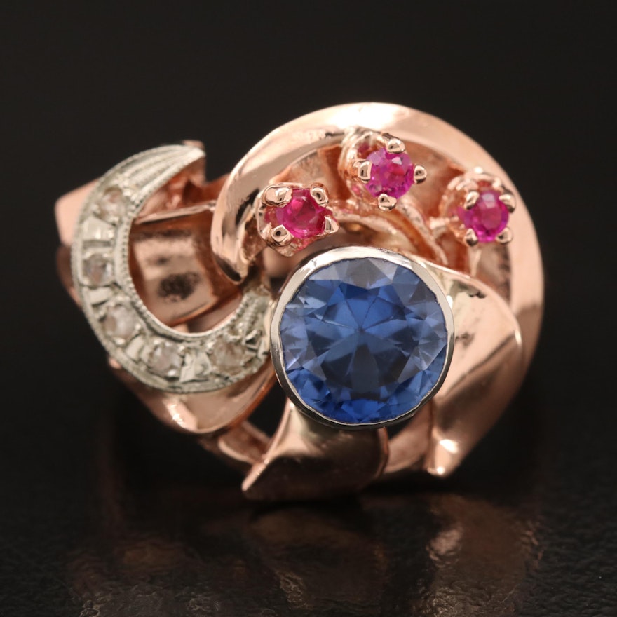 Retro 14K Rose Gold Sapphire, Ruby and Diamond Ring