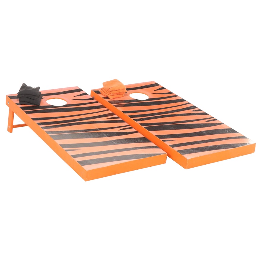 Cornhole Set Painted with "Bengals" Tiger Stripes and Orange and Black Bags