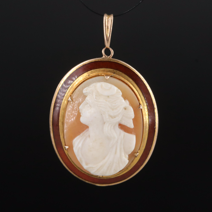 Antique 10K Shell Cameo and Enamel Pendant