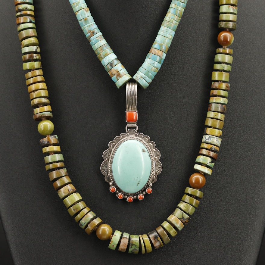 Southwestern Style Turquoise Necklaces with Coral and Sterling